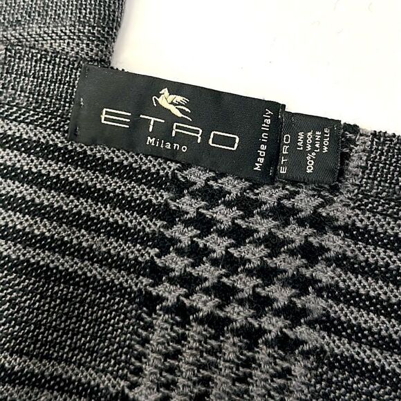 ETRO Milano Wool Oblong Scarf Gray Glen Plaid Men’s Women’s 18x72” - Picture 8 of 8